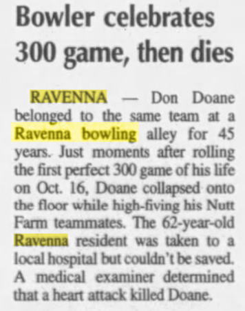Ravenna Bowl - 1992 Article On Death Of Bowler Who Had A Perfect Game